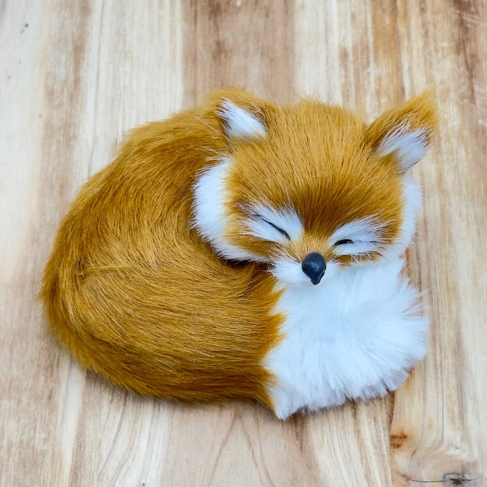 Sleeping Fox Figurine Orange Faux Fur Realistic Woodland Small Decor